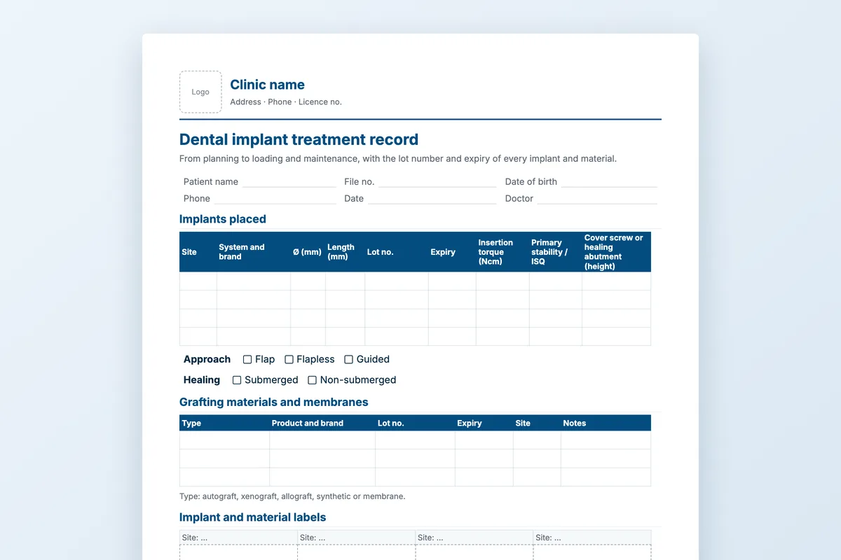 Dental implant treatment record