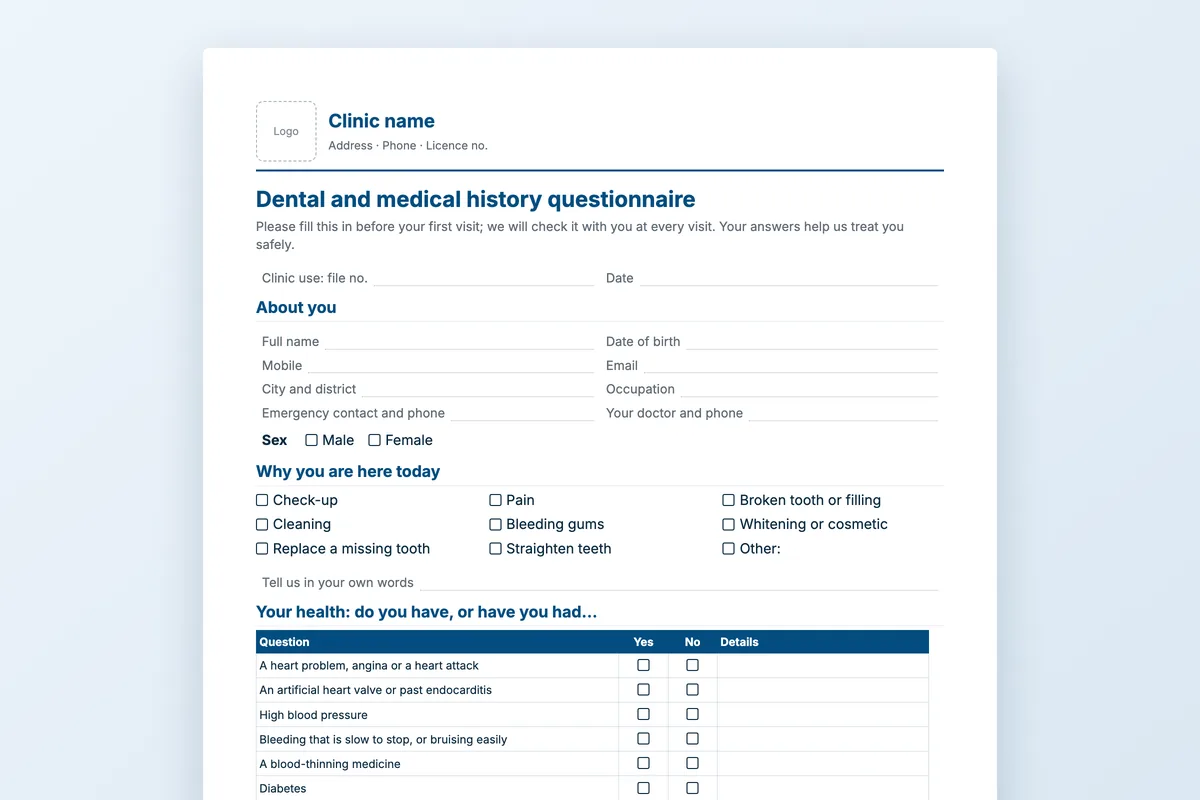 Dental medical history questionnaire