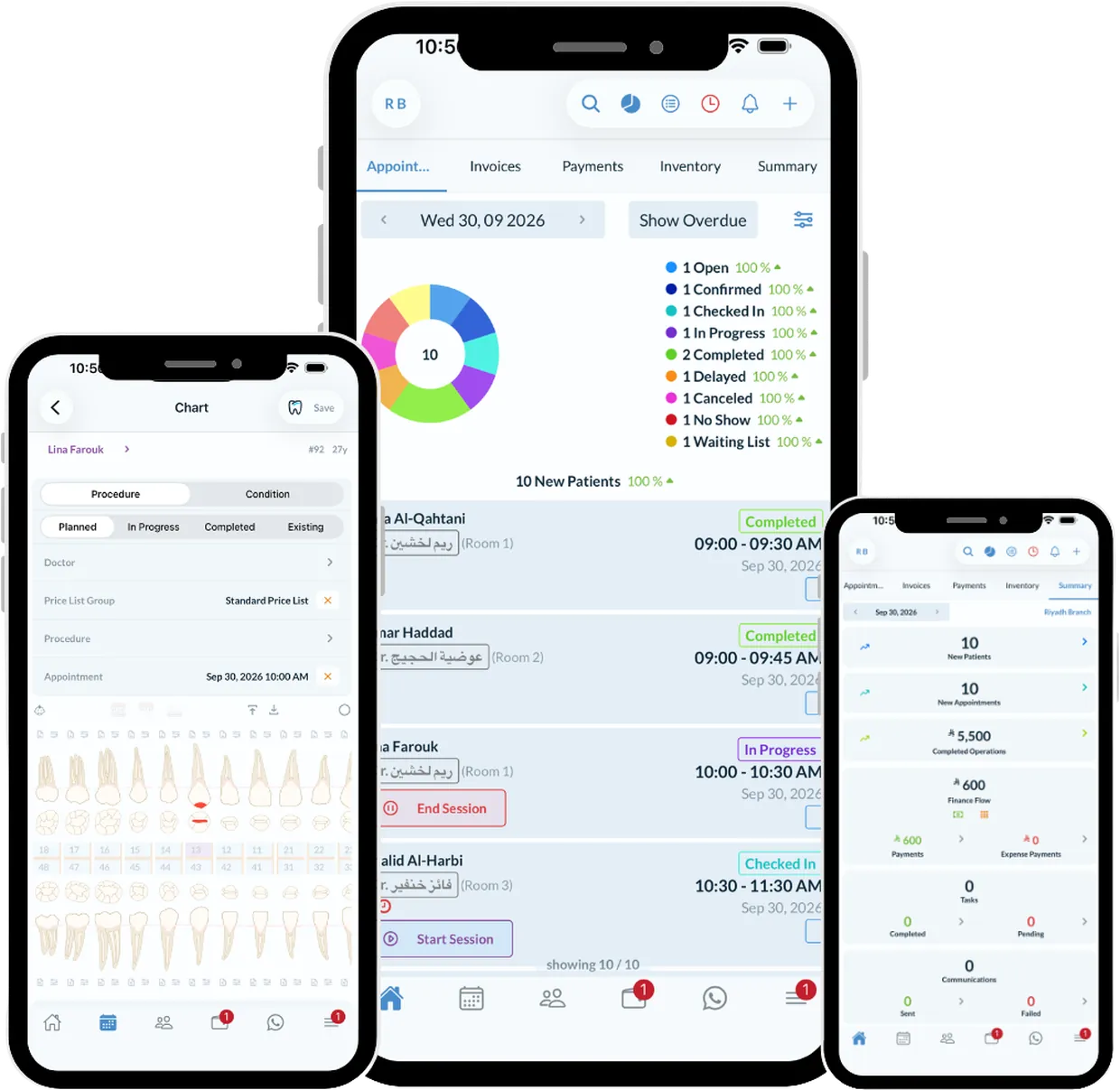 Dentolize mobile app on iPhone and iPad: dashboard, patient chart and clinic check-in