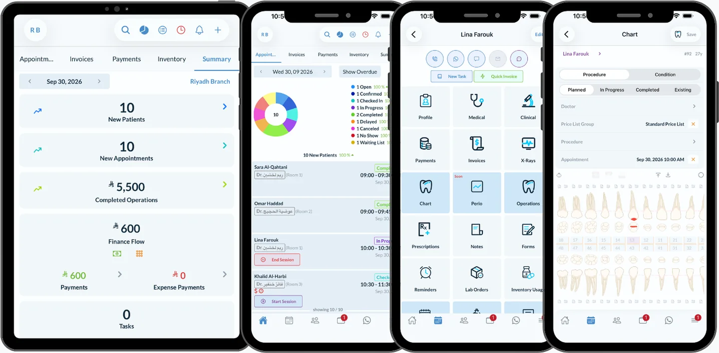 The Dentolize app on four phones