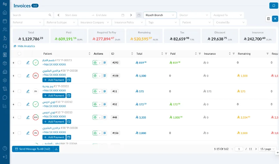 The Dentolize financial screen on desktop, with invoiced, paid and outstanding reconciling to one figure across the clinic