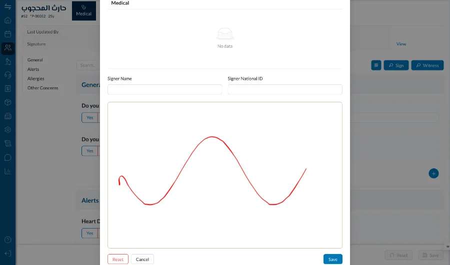 A consent form signed on screen in Dentolize, capturing the signer’s name, national ID and signature where the patient already is