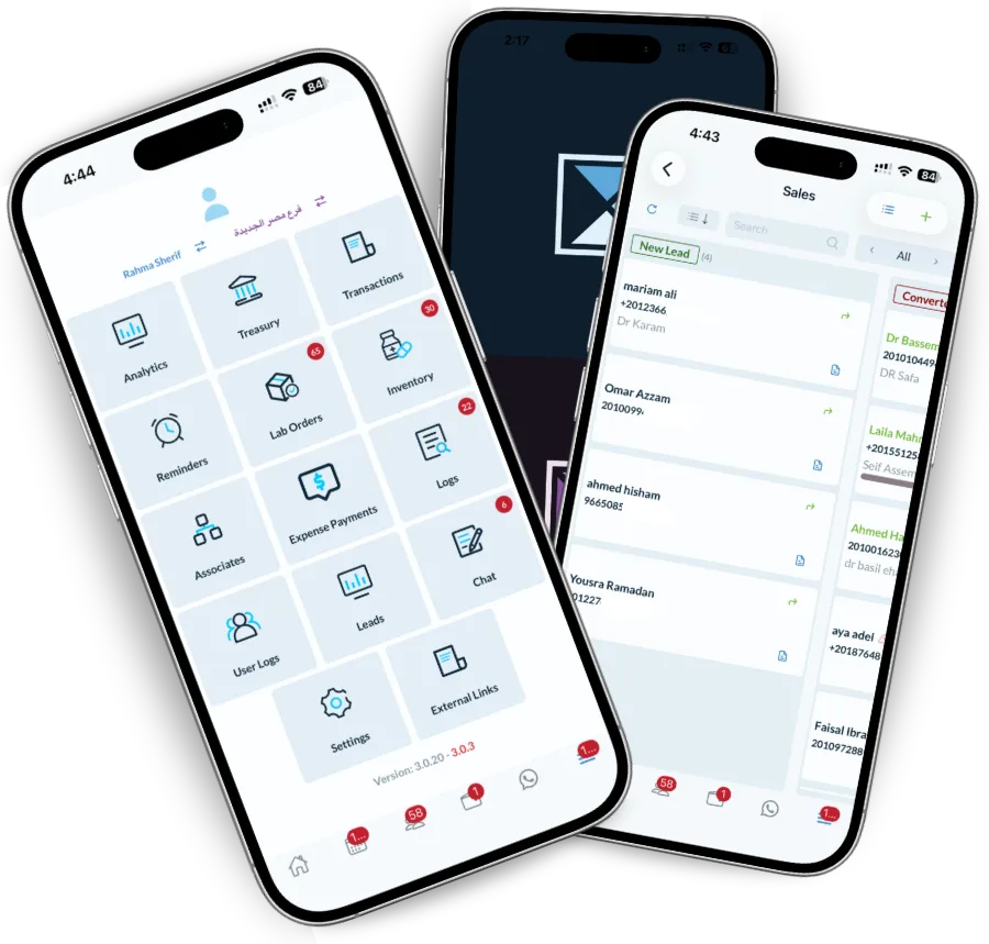 نظام CRM من دينتولايز على الآيفون، يعرض استفسارات الأسنان كعملاء محتملين بمصدرهم ومسؤولهم ومرحلتهم