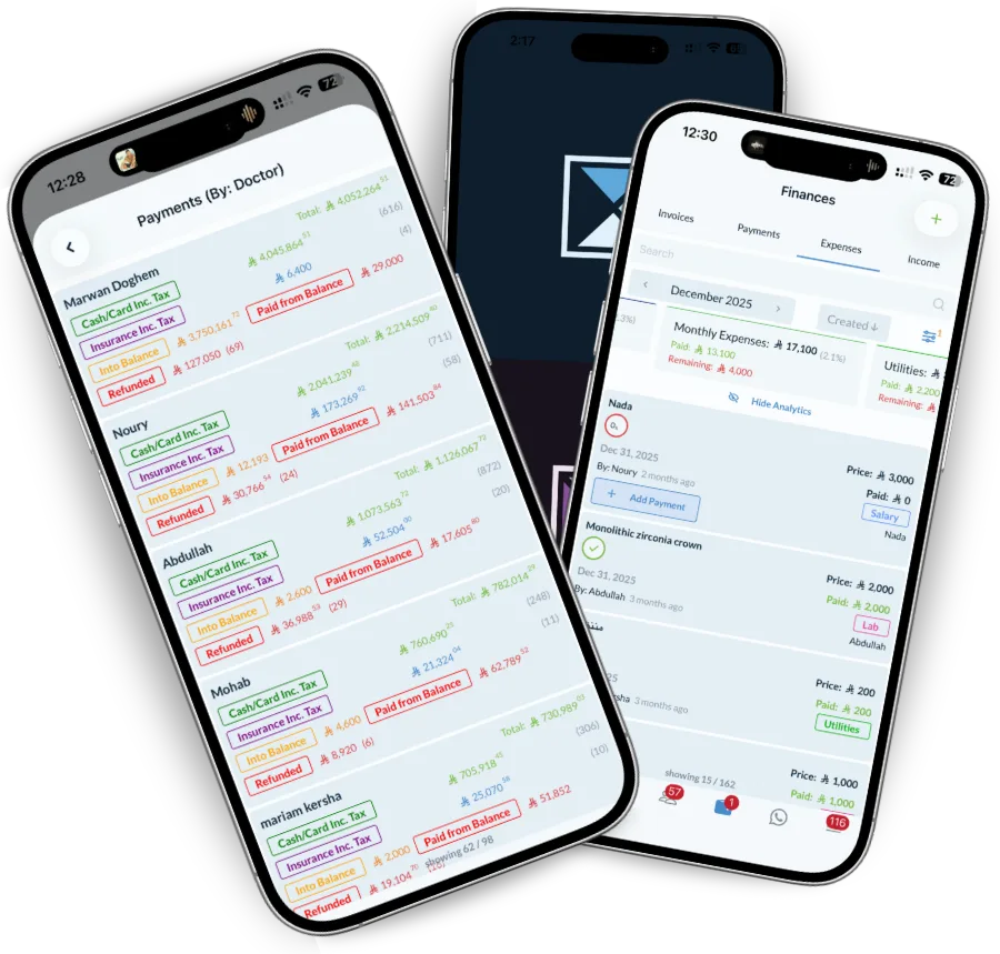 Invoices, instalments and balances in Dentolize on two phones