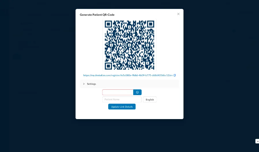 شاشة رمز QR للمريض في دينتولايز على سطح المكتب، جاهزة للطباعة أو الإرسال