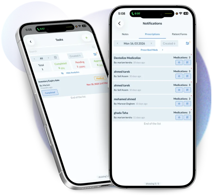 قائمة المهام في تطبيق دينتولايز إلى جانب إشعاراته، فيصبح للعمل الذي تنساه العيادة عادةً مسؤول وموعد