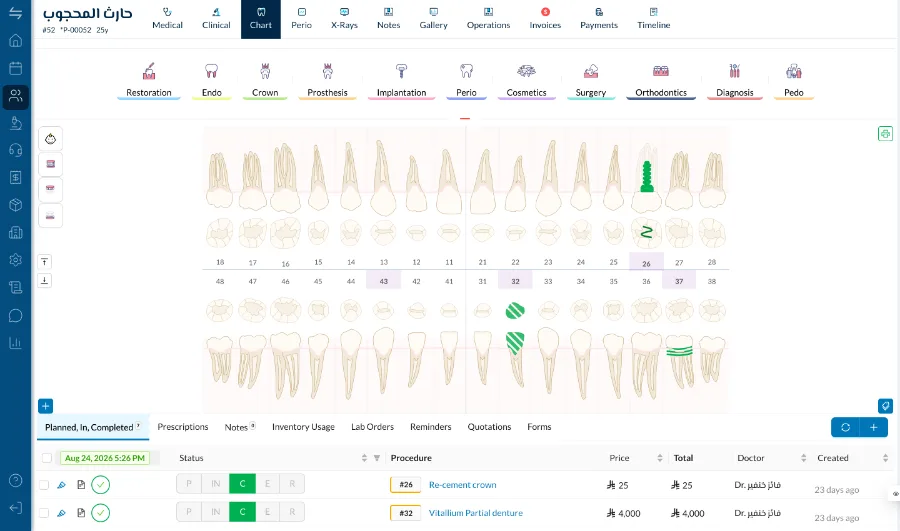 The approved quotation carried into the dental chart as a treatment plan, so nothing is re-entered