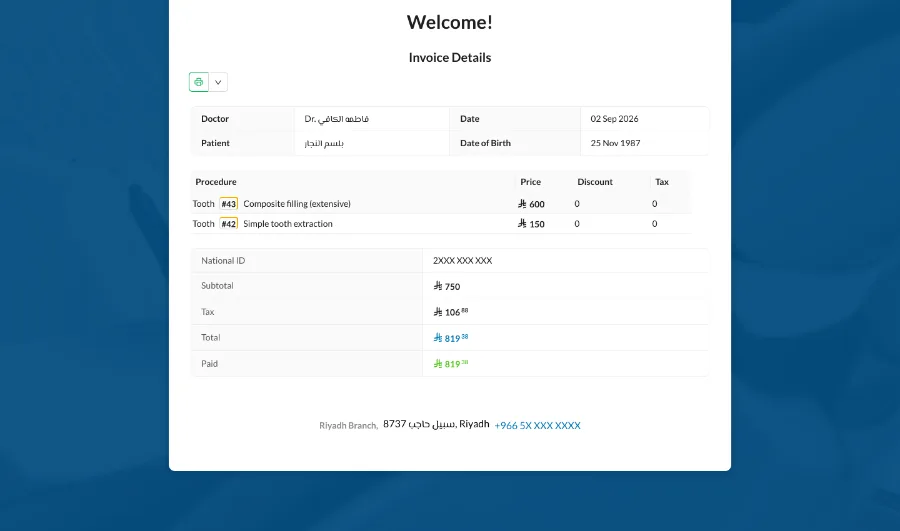 The same electronic invoice with its treatment lines, showing what is submitted rather than what is printed